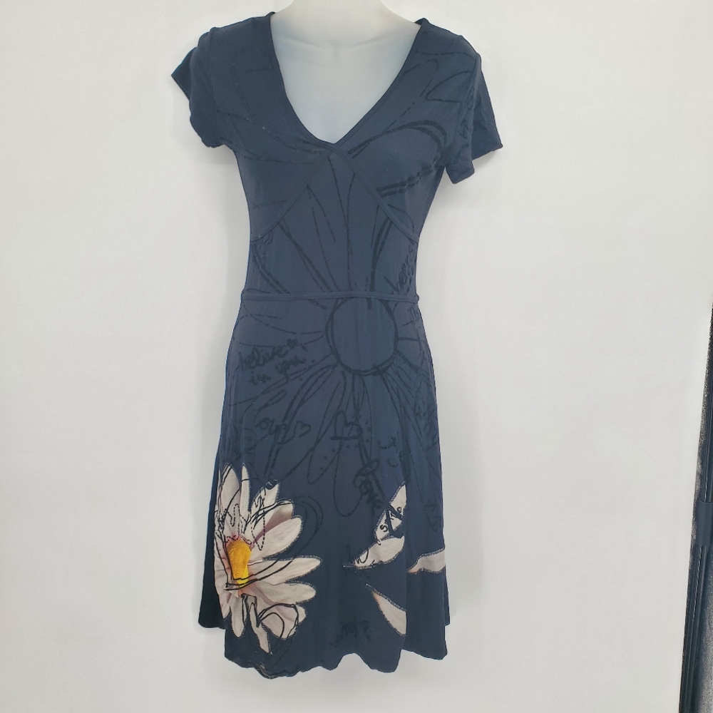 ♤♤ Desigual Y2K Gray Short-sleeve Dress Abstract Floral Accent Size Small